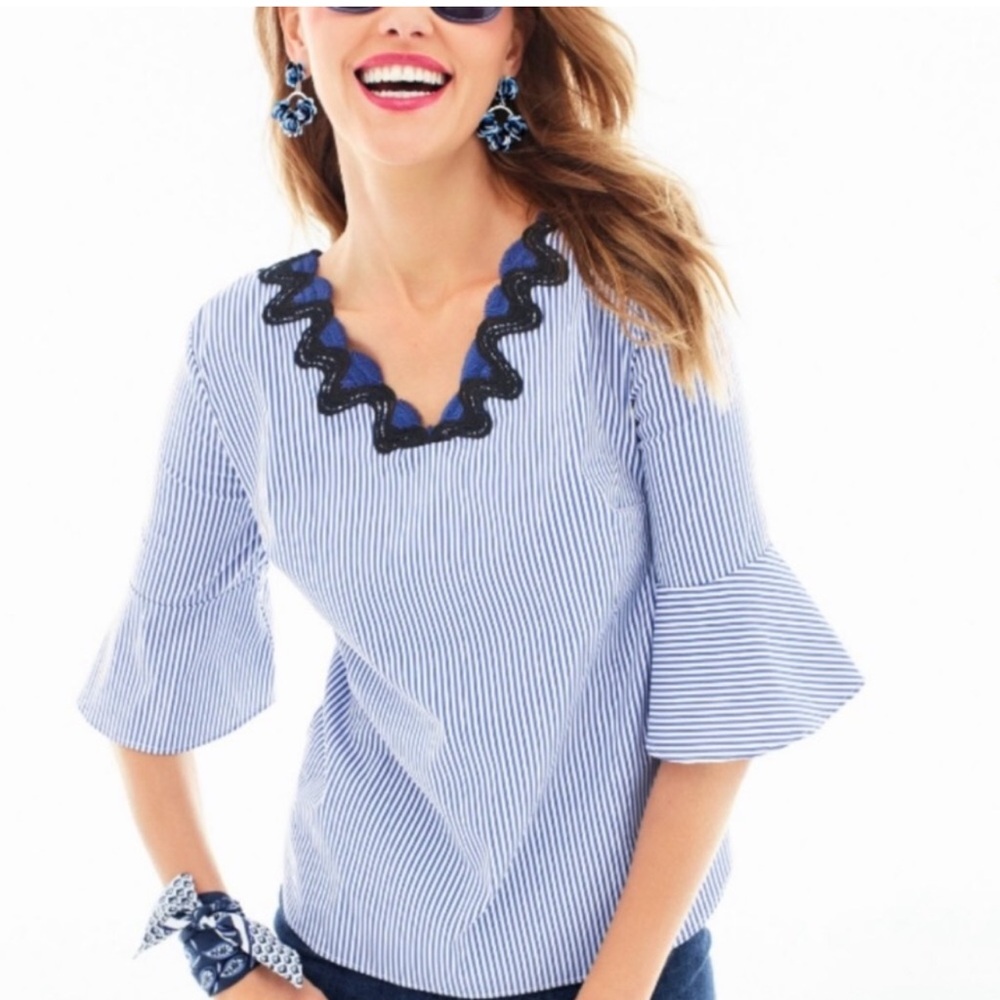 TALBOTS Stripe Rick Rack Trim Popover Cotton Blouse Top Small Petite
